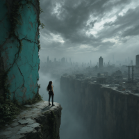 A lone figure stands on the edge of a cliff overlooking a fractured cityscape, embodying the challenge of navigating societal rifts and redefining belonging amidst a dramatic sky.