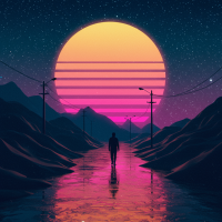 A lone figure walks along a reflective path between mountains under a vast, glowing sun and starry sky, embodying the layers of time from heartbeats to cosmic scales.