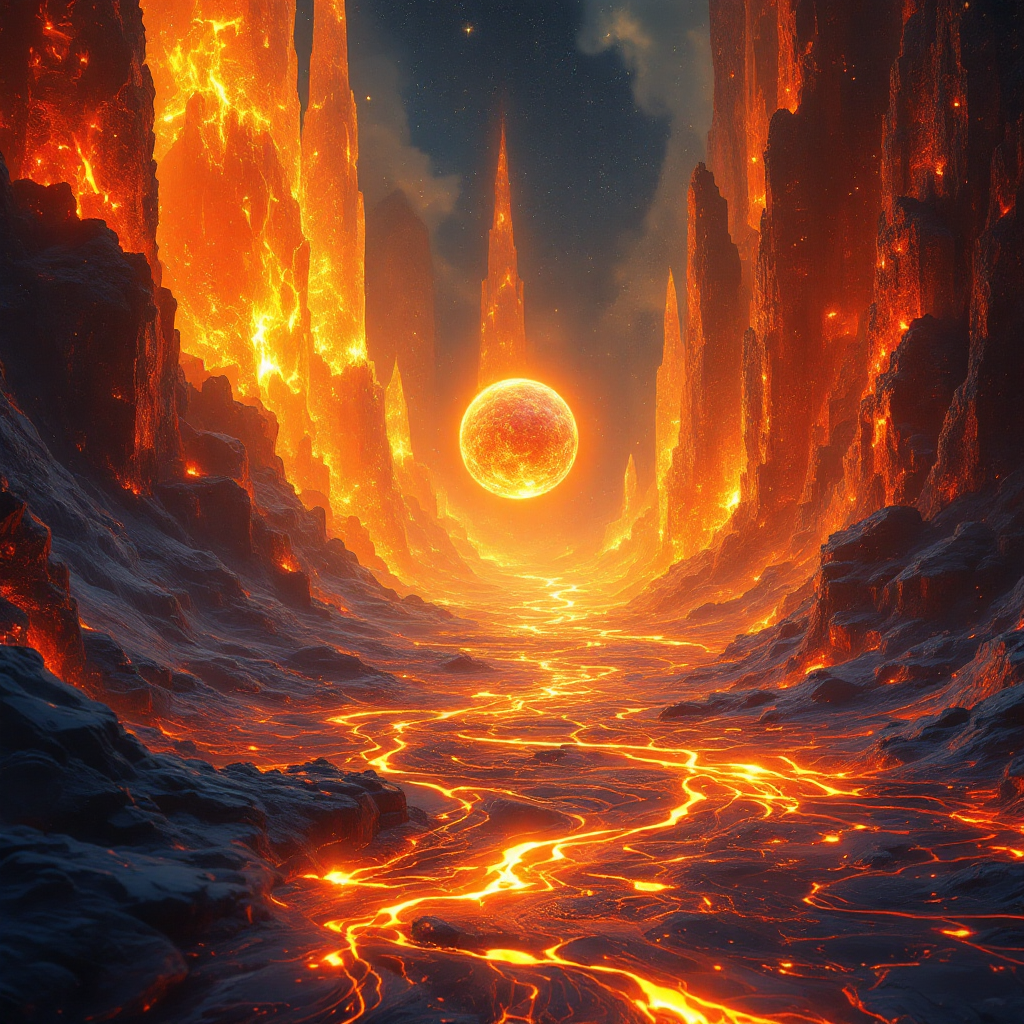 A fiery landscape with molten lava flows and towering rock formations, under a glowing orange sun, illustrating the vivid exploration of desires and fears in science fiction.