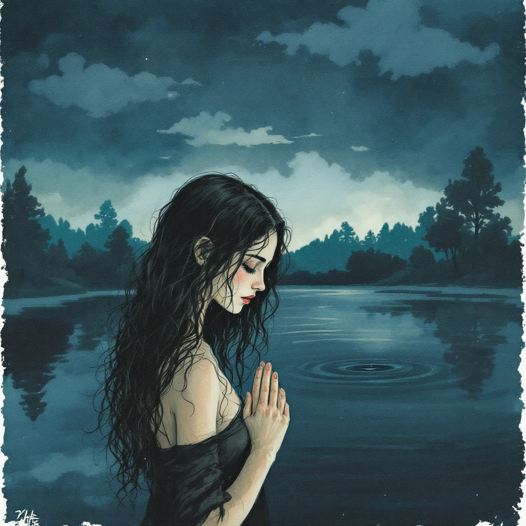 A contemplative young woman stands by a serene lake, hands clasped in prayer, her expression reflecting an inner struggle, encapsulating a sense of fear and the feeling of slipping away from herself.