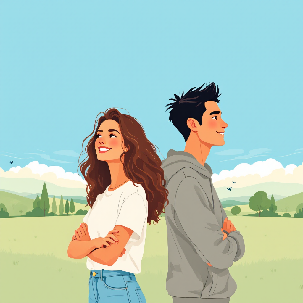 Two friends stand back-to-back in a sunny field, smiling confidently. The scene captures the essence of friendship: support and connection despite physical distance.