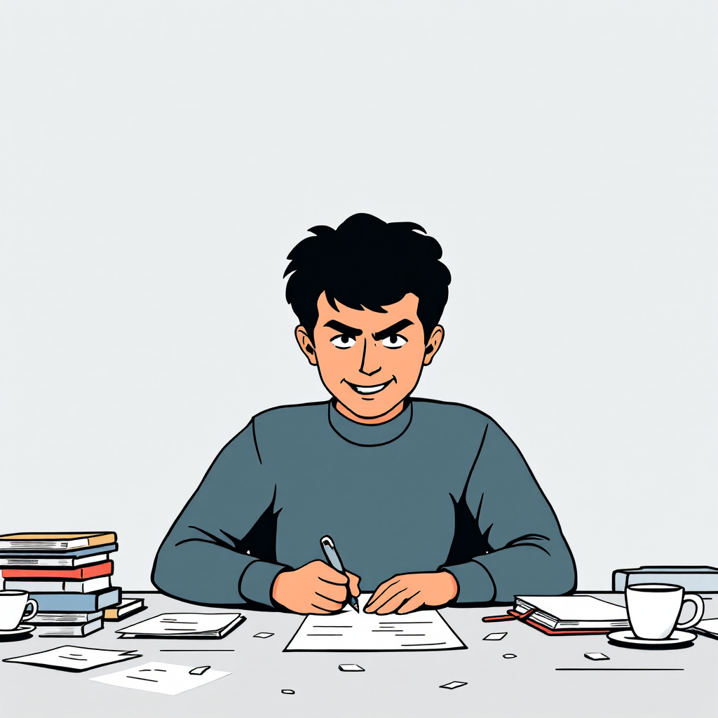 A determined young man sits at a cluttered desk, surrounded by books and papers, focused on writing, embodying the idea that ignoring requires deliberate effort.