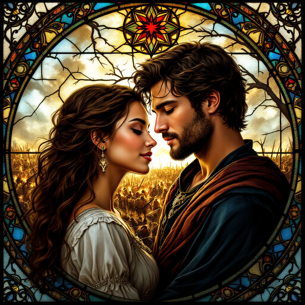 A stained glass scene captures a moment between a couple, their foreheads touching, embodying love amidst a backdrop of war-torn fields, reflecting the complexities of identity in relationships.