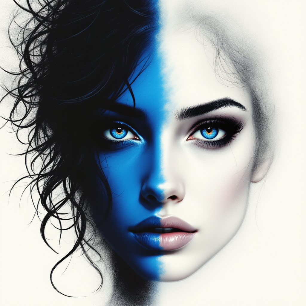 A striking portrait of a woman divided down the middle, one side featuring vibrant blue tones and textured curls, while the other side remains smooth and pale, evoking themes of duality and hidden truths.