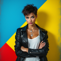 A confident individual with short hair stands against a vibrant blue and yellow background, arms crossed, embodying the spirit of independence from the quote about freedom and self-identity.