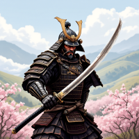 A determined samurai in traditional armor stands poised with a katana, surrounded by cherry blossoms and mountains, embodying strength and resilience in action.