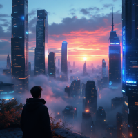 A person stands on a ledge overlooking a futuristic cityscape, shrouded in mist, as vibrant hues of sunset illuminate towering skyscrapers, encapsulating the weight of knowledge and discovery.