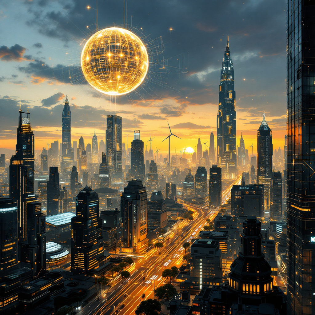 A futuristic cityscape at sunset, featuring towering skyscrapers, wind turbines, and a radiant orb, symbolizing the crucial link between energy sources and a sustainable future.