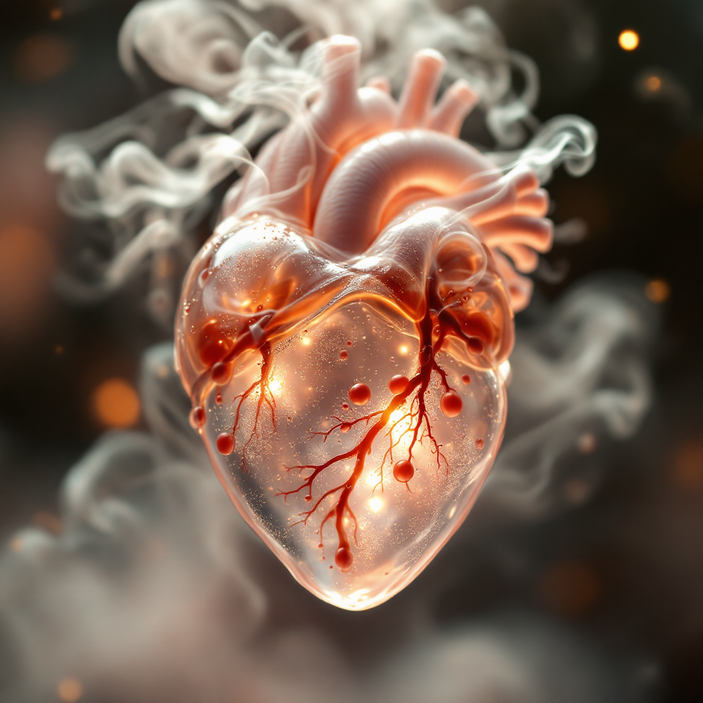 A translucent heart glows amidst swirling smoke, symbolizing the unseen depths of emotion and intuition, capturing the essence of the quote about listening to the heart closely.