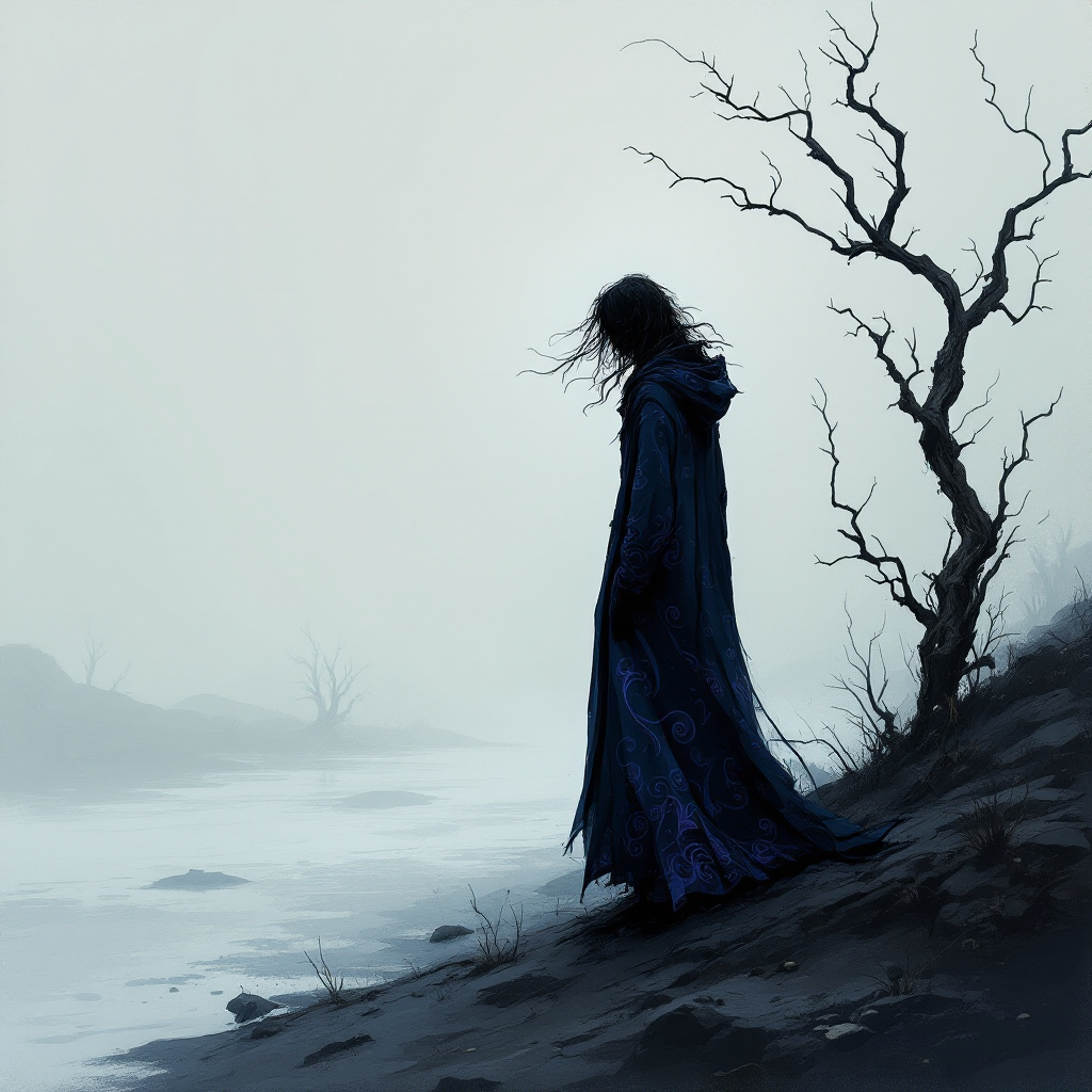 A cloaked figure stands on a desolate shore, surrounded by a misty landscape and barren trees, capturing the essence of belonging nowhere as described in the quote.