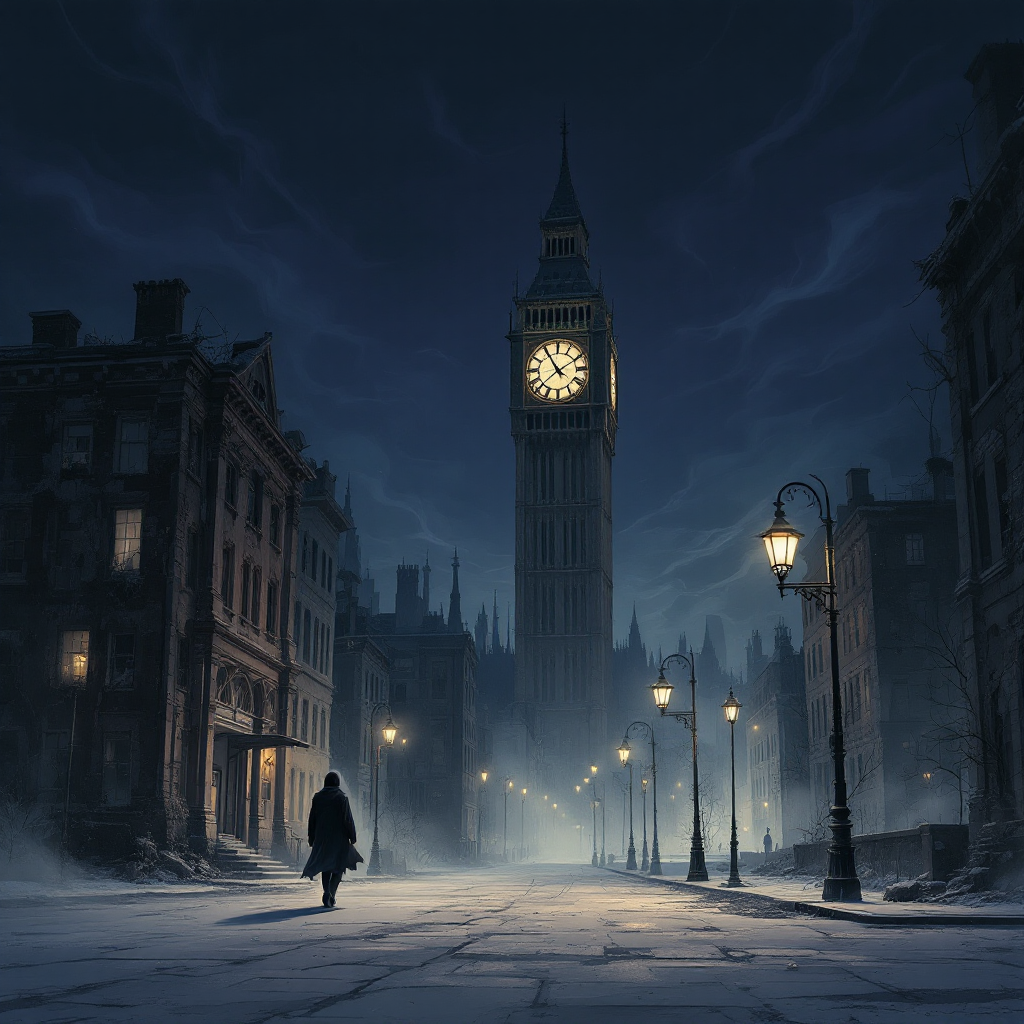 A solitary figure walks through a foggy, dimly lit street at night, illuminated by vintage street lamps, with a towering clock tower looming in the background, evoking dreams of the past.