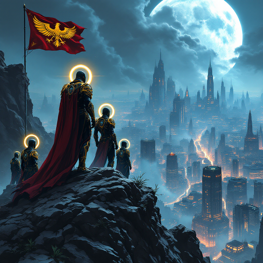 A group of armored figures stands on a rocky outcrop, silhouetted against a moonlit cityscape, holding a flag with an eagle emblem, embodying the strength of the Imperium.