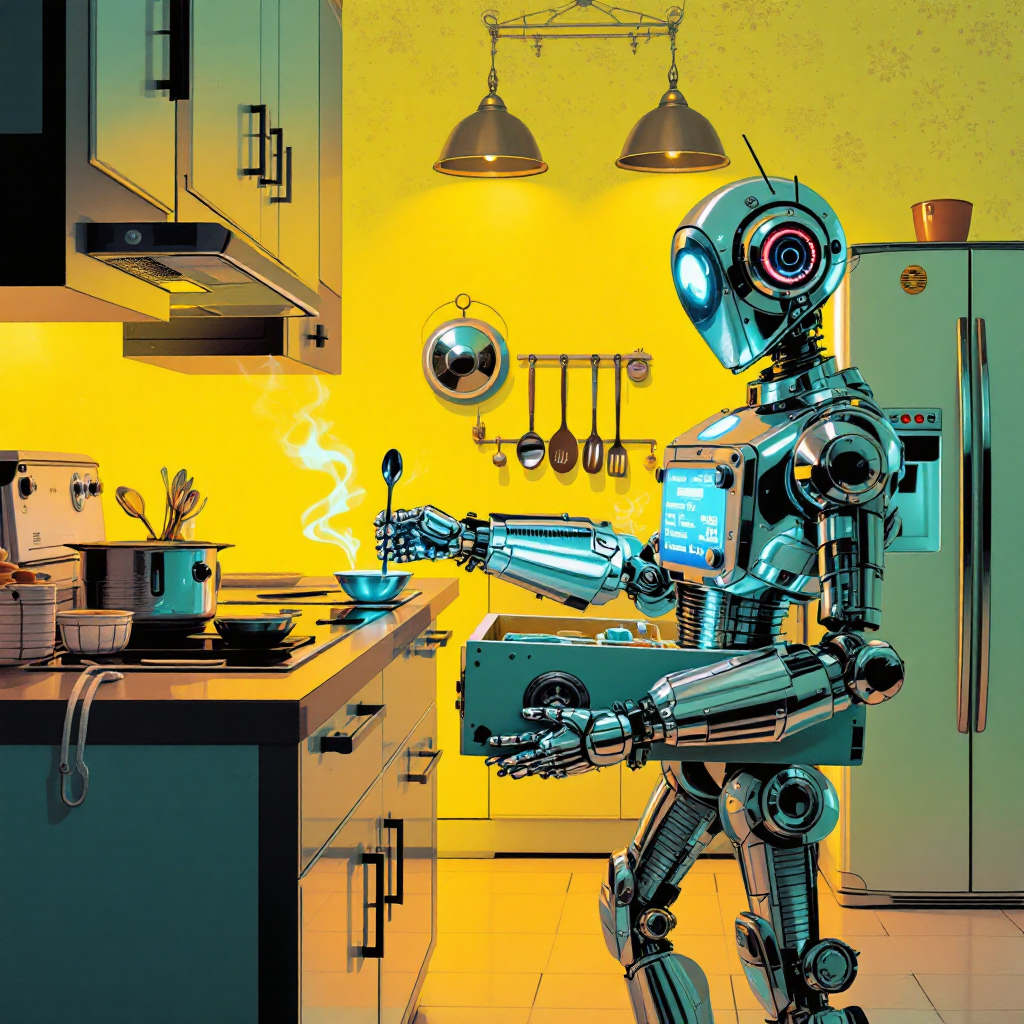 A futuristic robot stands in a vibrant kitchen, preparing a meal with steaming food, reflecting the quote, You can’t be human without food.