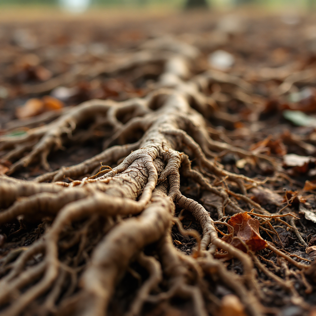 A close-up of intertwined roots emerging from the soil, surrounded by fallen leaves, symbolizing the strength and sustenance that roots provide through life's challenges.