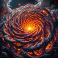 A vibrant, spiraling formation of fiery tendrils radiates from a glowing center, resembling a colossal flower blossoming in a cosmic landscape, evoking the Earth's core's dynamic processes.