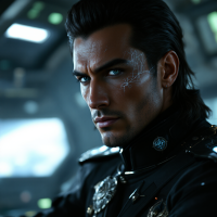 A brooding male figure with striking blue eyes and intricate facial markings sits in a futuristic command center, reflecting on the folly of humanity.