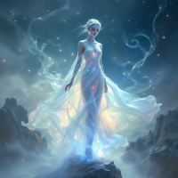 A luminous figure emerges from a misty landscape, embodying the delicate balance between fate and carelessness, as ethereal lights swirl around her in a moment of profound stillness.