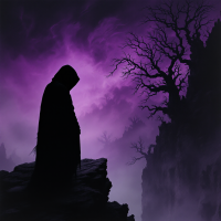 A hooded figure stands on a rocky outcrop, silhouetted against a moody purple sky. Gnarled trees loom nearby, embodying the pain of sudden change as expressed in the quote.