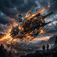 A fiery, fragmented vessel of liquid glass and metallic bones hovers above a rugged landscape under a stormy sky, with two figures observing from below.