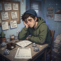 A young man sits at a cluttered desk, surrounded by crumpled papers and notes filled with guesses and hopes, reflecting a struggle to find direction and meaning in life.