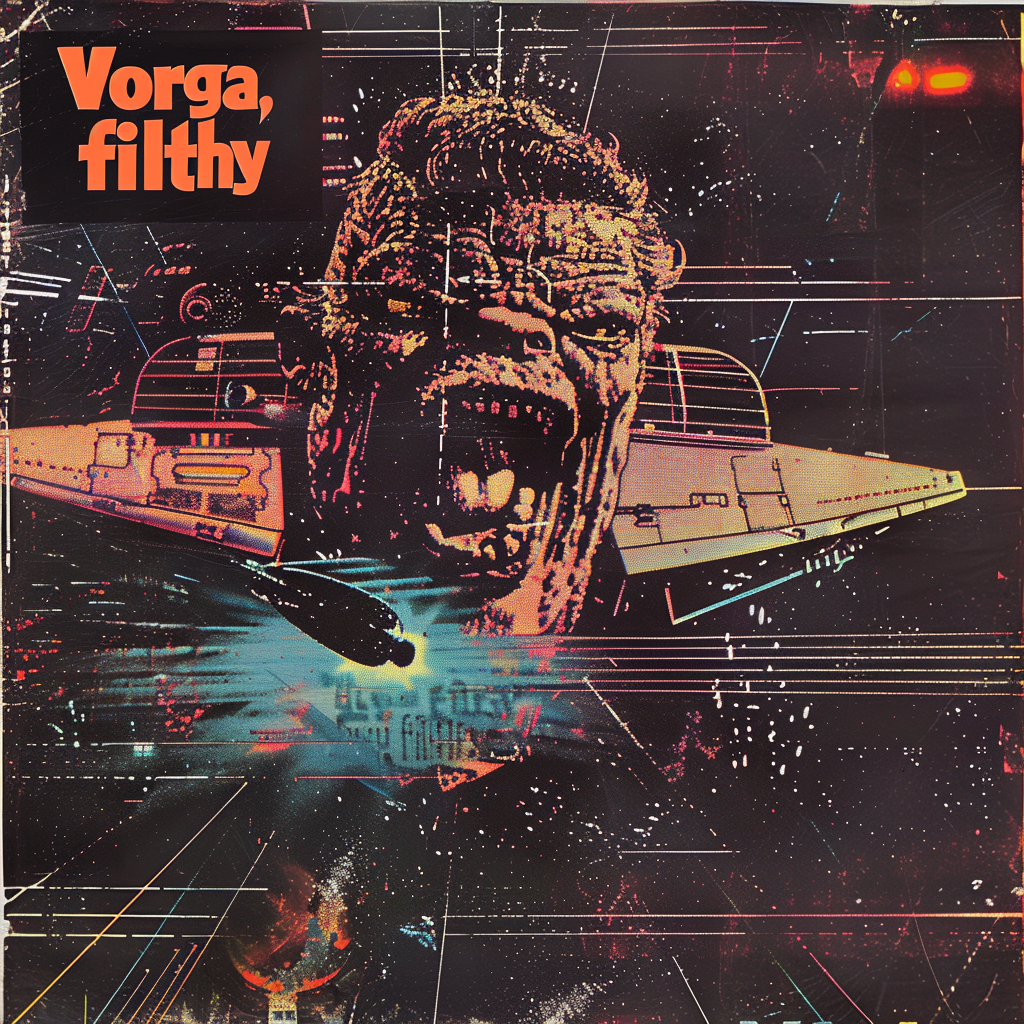 A spaceship approaches a monstrous, screaming face surrounded by neon lines and dark cosmic elements. The words Vorga, filthy appear prominently in the top left corner.