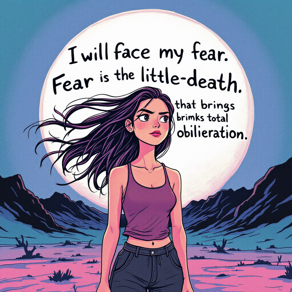 An illustrated young woman stands confidently in a desolate landscape, gazing at a large moon while surrounded by the quote about facing fear and its consequences.