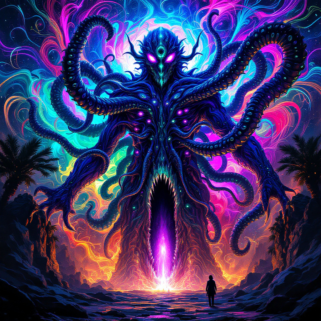 A towering sea monster with vibrant tentacles and glowing eyes rises ominously from a colorful abyss, evoking the terror of deep-sea nightmares against a backdrop of palm trees.