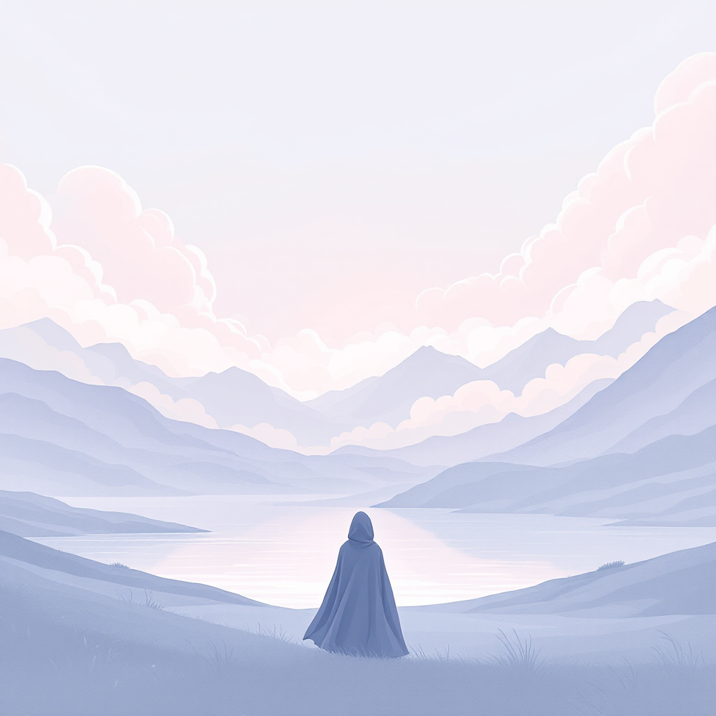 A figure in a blue cloak stands at the edge of a serene lake, gazing at distant mountains under soft pastel clouds, embodying the idea that the universe holds unseen mysteries.