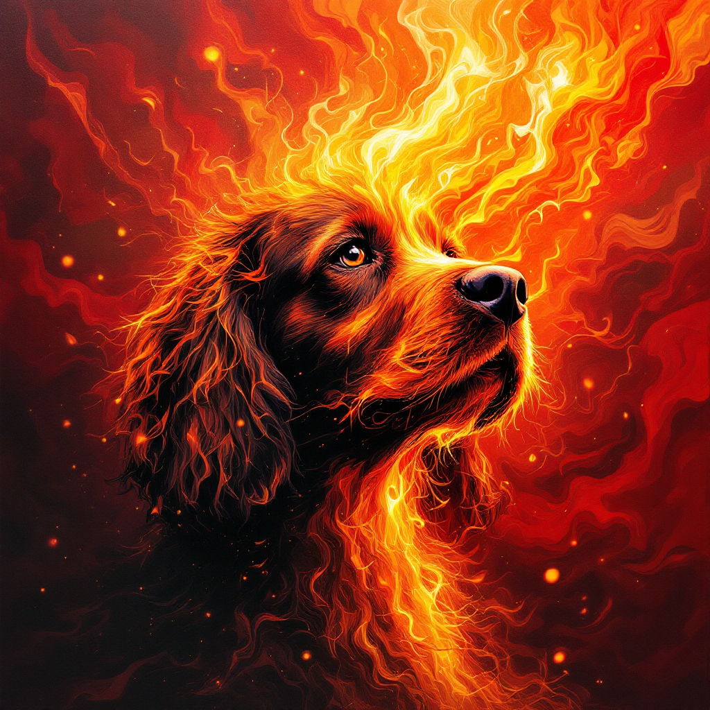 A dramatic, fiery illustration of a cocker spaniel’s head, with swirling flames and vibrant colors, symbolizing the quote about identity and self-discovery.