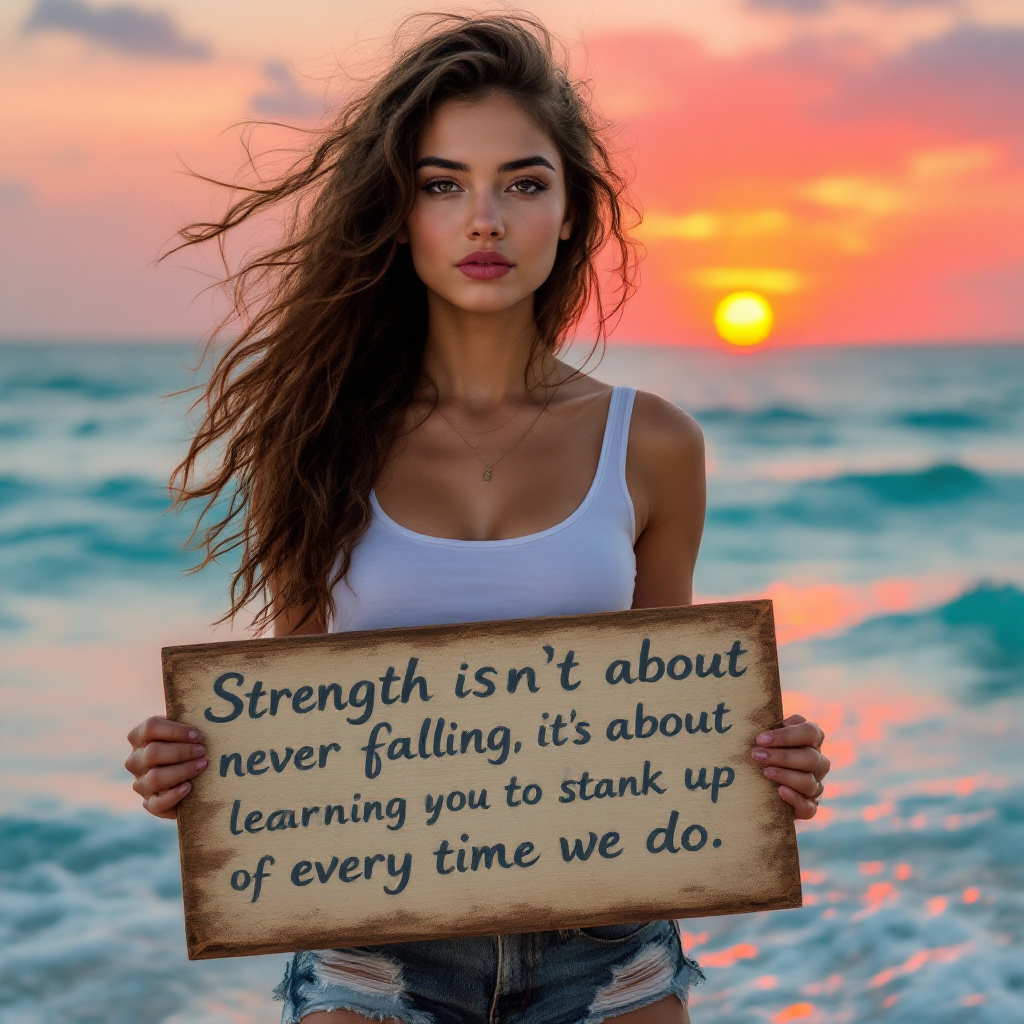 A woman stands by the shore at sunset, holding a sign that reads, Strength isn’t about never falling, it’s about learning to stand back up every time we do. Waves gently lap at her feet.