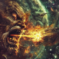 A monstrous face spews fire at a spaceship in space, with a planet and stars in the background, illustrating the quote Vorga, I kill you filthy.