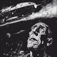 A man with an intense expression looks upward as a spaceship labeled Vorga flies through the dark, starry sky, echoing the quote, “Vorga, I kill you filthy.” 

