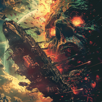 A large spaceship battles a monstrous, fiery face in space, with smaller ships flying around and explosions in the background, inspired by the book quote: Vorga, I kill you filthy.