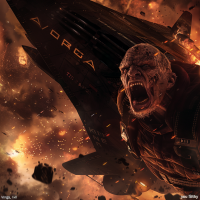 A fierce, scarred character screams in anger amidst fiery debris, with the word Vorga visible on a dark, sleek spacecraft in the background, illustrating the intensity of the quote, Vorga, I kill you filthy.