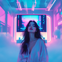 A woman stands confidently in a vibrant, neon-lit environment, embodying the quote about embracing freedom amidst uncertainty, with swirling fog and dynamic colors surrounding her.