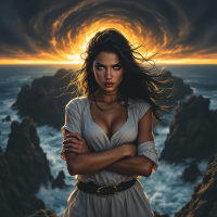 A strong woman stands on rocky shores, arms crossed, facing a tumultuous ocean under a swirling, dramatic sunset, embodying the courage to confront fear head on.