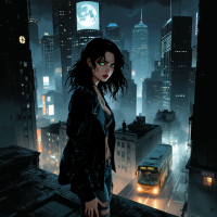 A figure with striking green eyes stands on a rooftop, gazing over a misty, illuminated cityscape, embodying the essence of hidden secrets as night envelops the urban landscape.