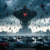 Human figures are shown abandoning a flooded city, floating and falling away from a towering mechanical structure emitting a red light amid dark, stormy skies.