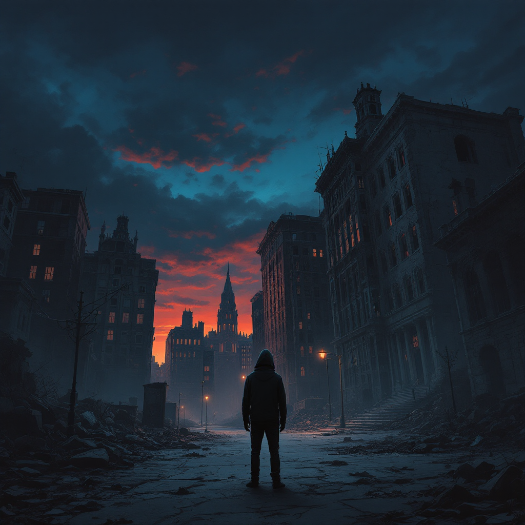 A lone figure stands amidst the ruins of a desolate city at twilight, evoking themes of reflection and transformation inspired by the quote on changing perspectives.