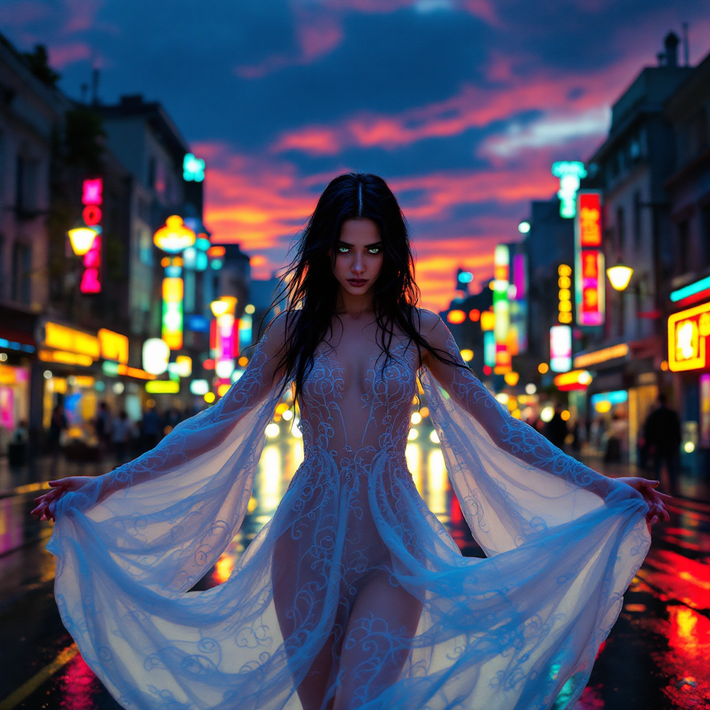 A figure in a flowing white gown stands in a vibrant, neon-lit street at dusk, embodying the tension of connection and the weight of solitude, with a colorful sky reflecting on the wet pavement.