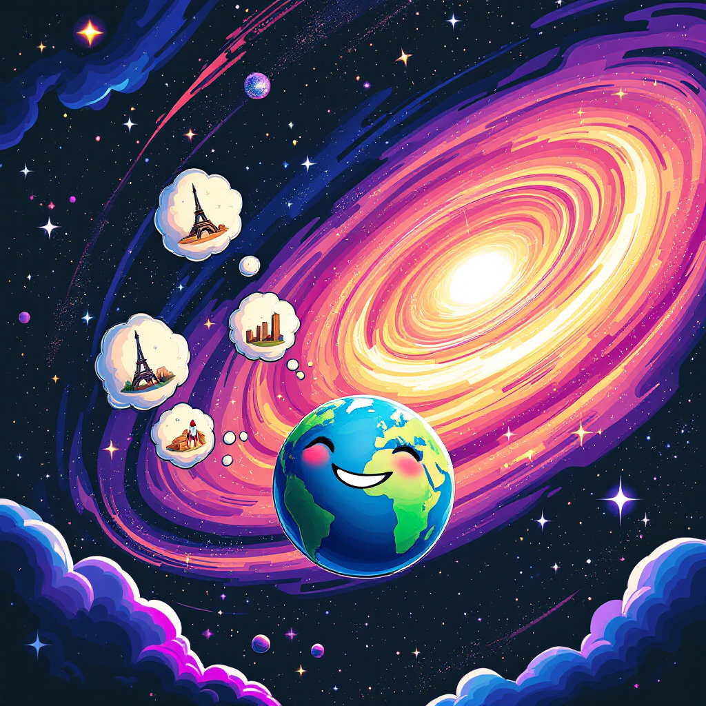 A vibrant illustration of Earth smiling amidst a colorful galaxy, with thought bubbles showcasing iconic landmarks, reflecting the wonders of the universe and our place within it.