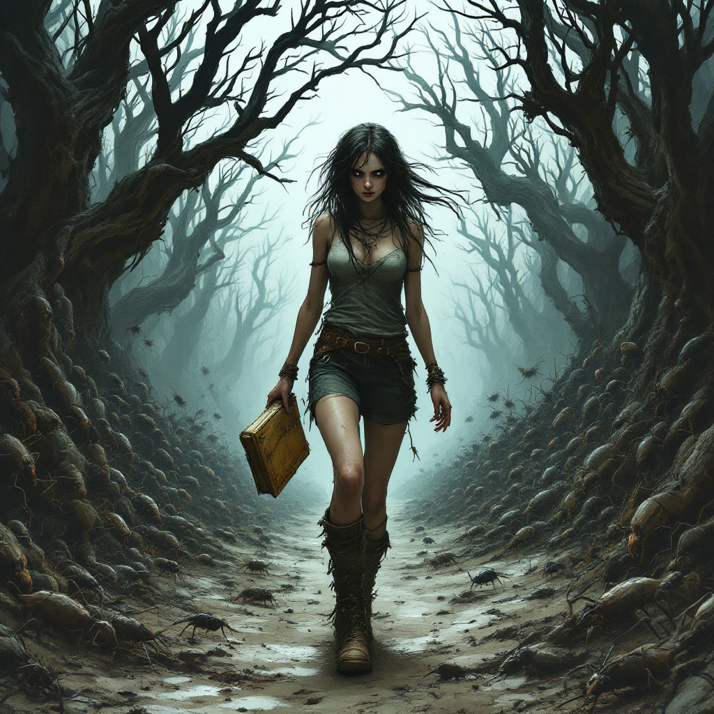 A determined woman walks down a dark, twisted path lined with gnarled trees and roots, embodying the sacrifices demanded on the journey to power.