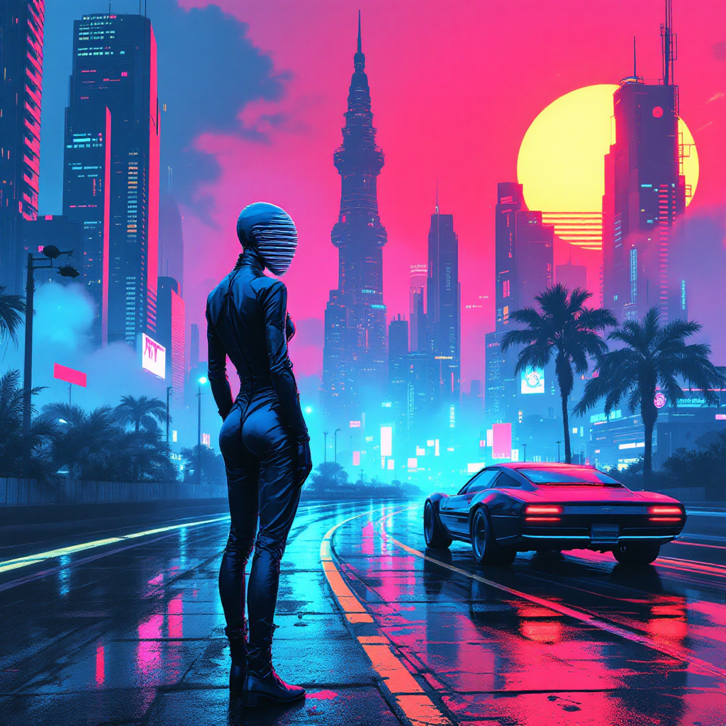 A figure in a sleek outfit stands contemplatively on a rain-soaked street, gazing at a neon-lit cityscape under a vibrant sunset, embodying the complexity of understanding and curiosity.