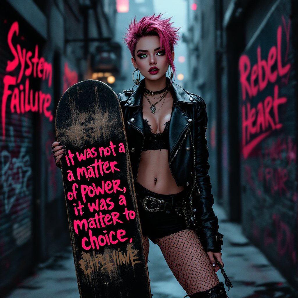 A punk-styled individual with pink hair stands in a graffiti-covered alley, holding a skateboard that features the quote, It was not a matter of power, it was a matter of choice.