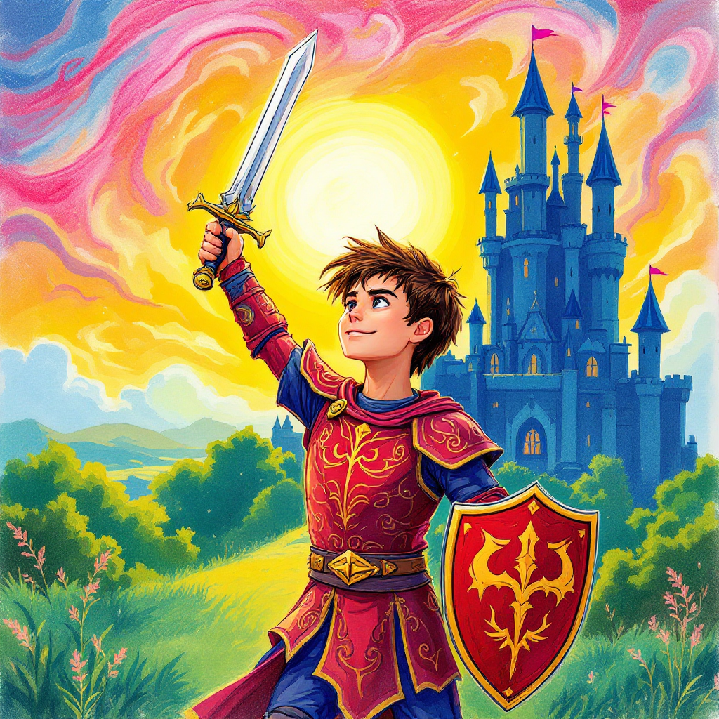 A young knight in ornate armor triumphantly raises his sword against a vibrant sunset, with a majestic castle in the background, embodying the quote about purpose and glory in battle.