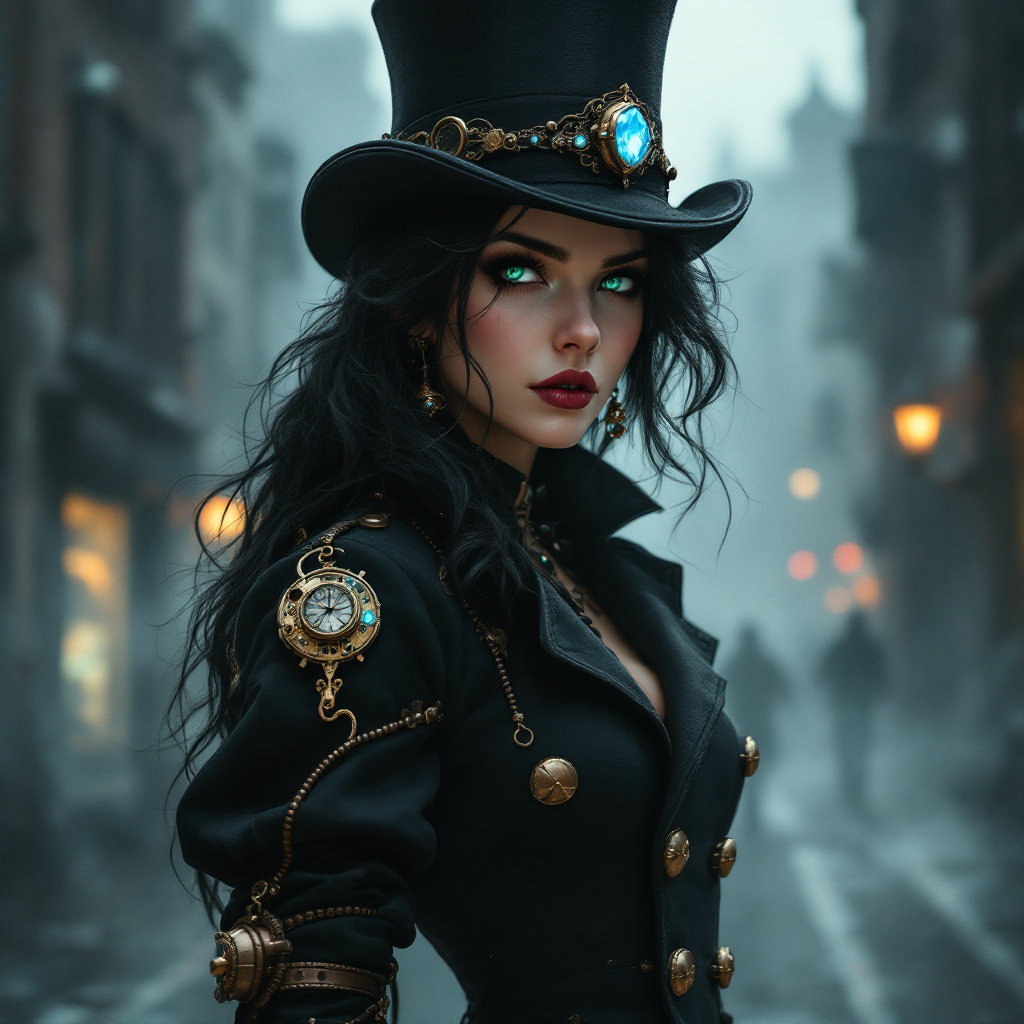 A confident woman with striking features wears a tall black hat adorned with jewelry and a tailored coat, embodying the spirit of breaking rules to make a point in a moody, foggy street setting.