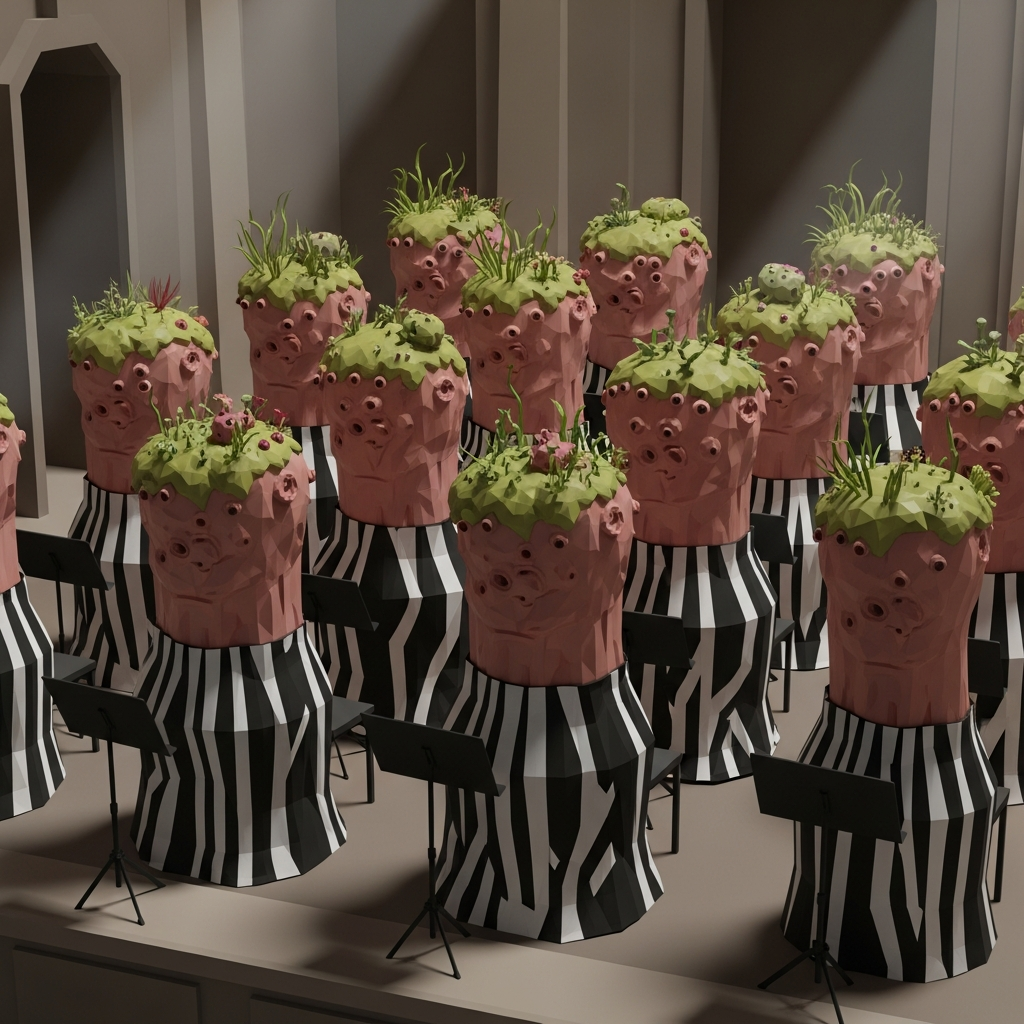 Alien, fleshy pillars with pink-brown skin, topped with sensor-studded protuberances and off-colored moss, draped in black-and-white fabrics, arranged like an orchestra.