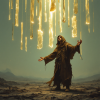 A cloaked figure stands with arms outstretched beneath radiant beams of light cascading from above, symbolizing adjustment to change and acceptance of stillness in the landscape.