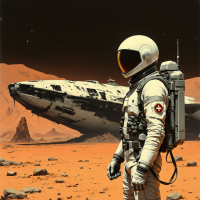 An astronaut stands on a barren, orange landscape, with a crash-landed spacecraft in the background, embodying the resilience and necessity to adapt in alien surroundings.