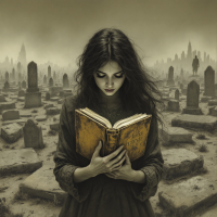 A somber young woman stands in a graveyard, holding an old book, embodying the quote What is remembered lives; what is forgotten dies, against a haunting backdrop of tombstones.